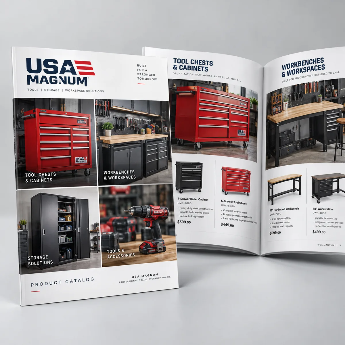 A real product catalog with cover grid of items and a 2-page product listing.