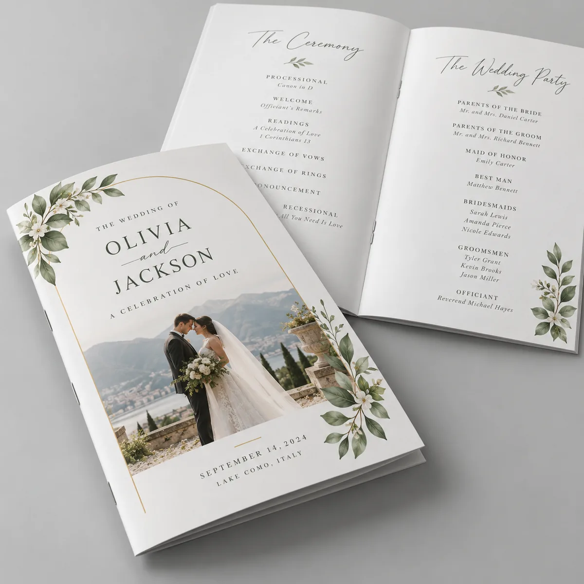 A real wedding ceremony program with couple photo and order-of-service interior spread.