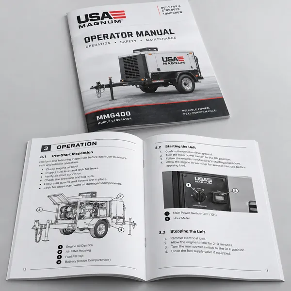 Example operator manual cover and reference spread