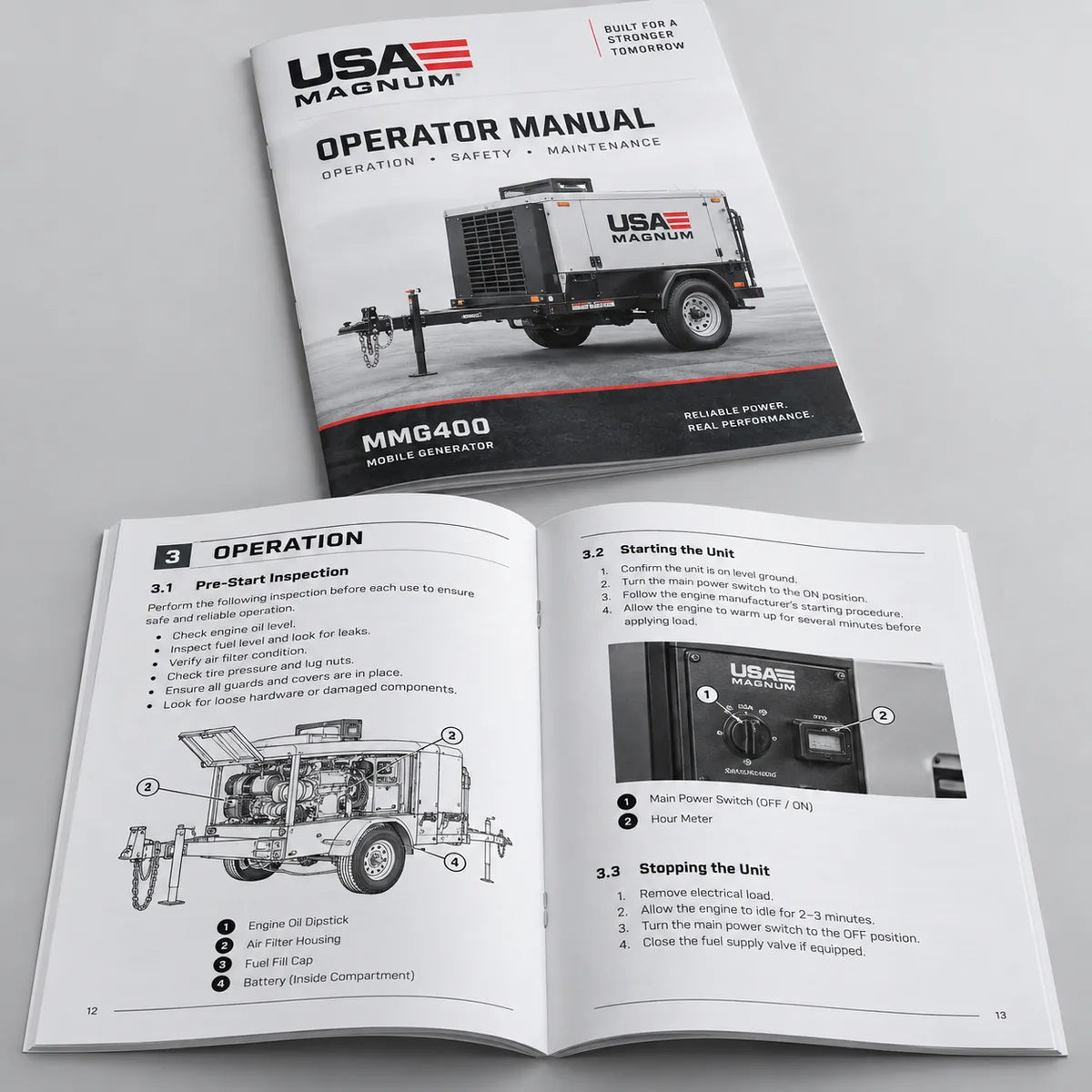 A real operator manual with cover photo of a mobile generator and 2-page operation procedure interior.