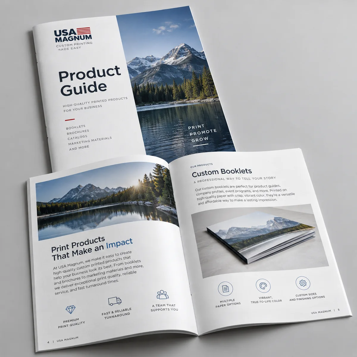 Example USA Magnum product-guide booklet, showing its cover and open spread