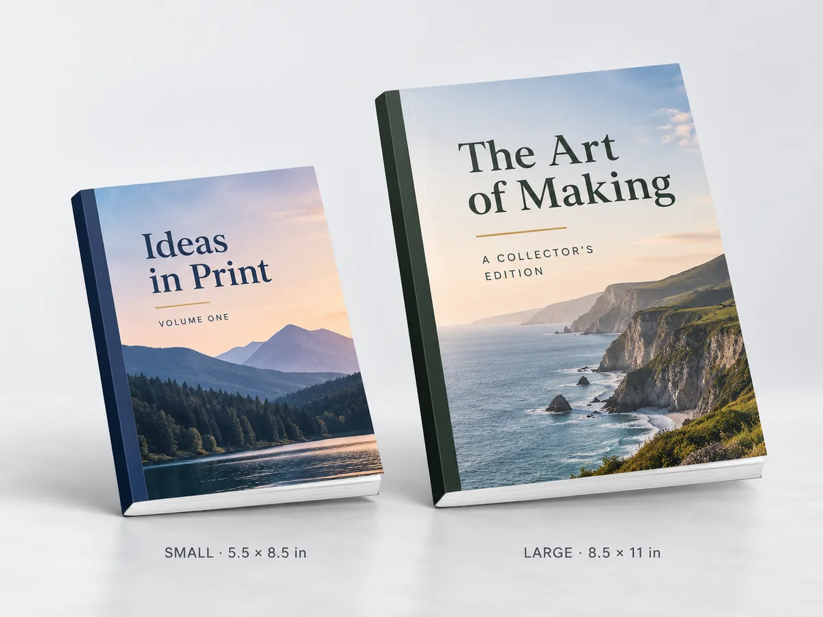 Two upright, square-spined softcover book examples: a small 5.5 by 8.5 inch book and a large 8.5 by 11 inch book